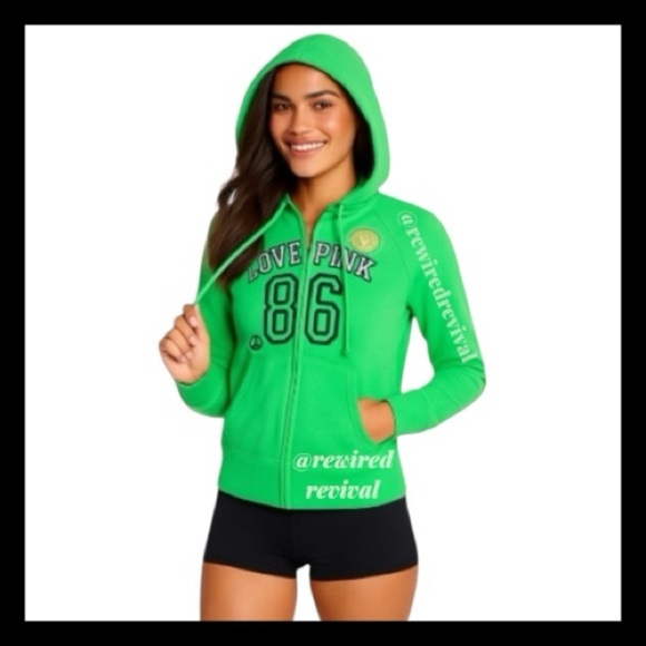 PINK Victoria's Secret Tops - Vintage PINK Green Embroidered Hoodie Size Medium NWT